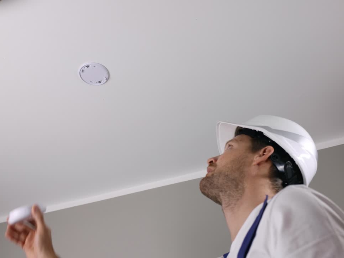A person wearing a white hard hat looks up at a round device on the ceiling, possibly inspecting or installing it to ensure compliance with the QLD Smoke Alarm Deadline, whilst holding a tool in hand.