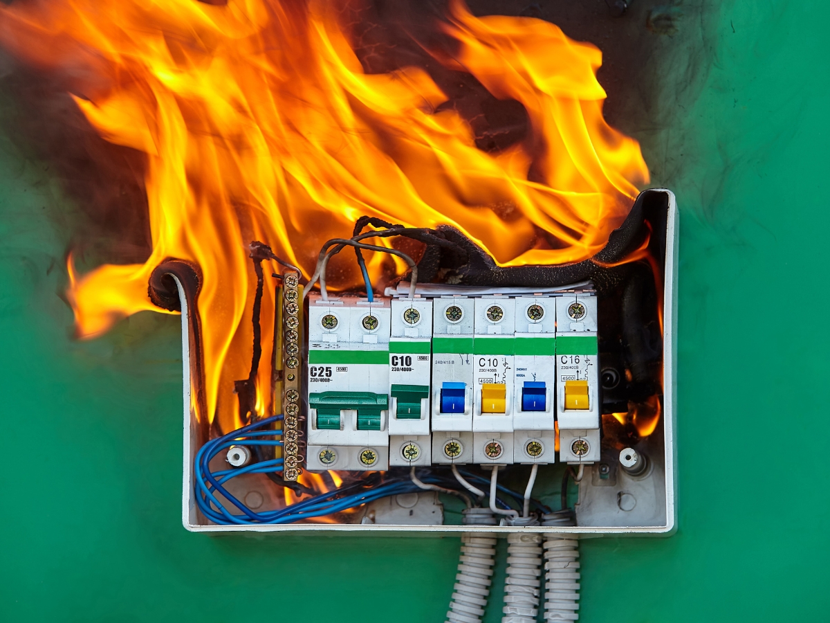 An electrical fuse box mounted on a green wall is engulfed in bright orange flames, with wires and circuit breakers clearly visible—a stark reminder of the importance of following an electrical safety checklist.